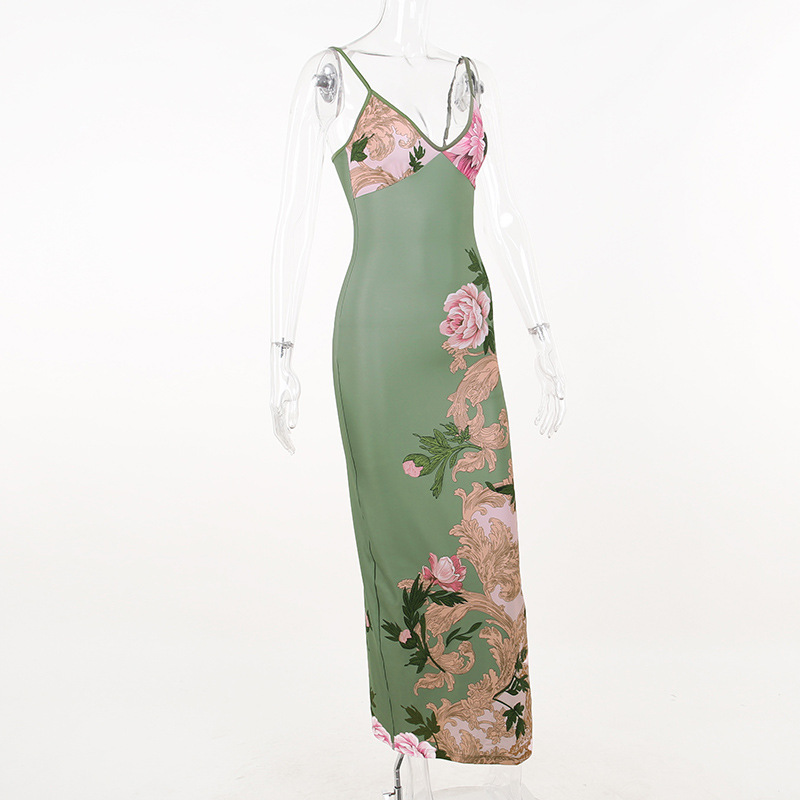 Women's Sexy V-Neck Spaghetti Strap Dress - Floral Print Backless Bodycon Mini Dress