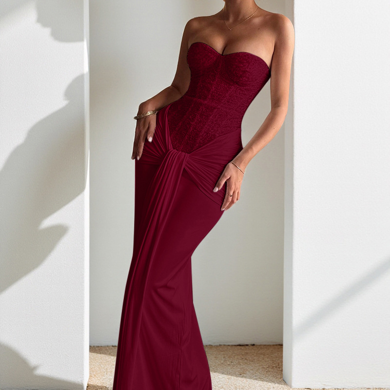 Women's Elegant Strapless Evening Gown - Tie-Front Ruched Waist Formal Long Dress with Slit