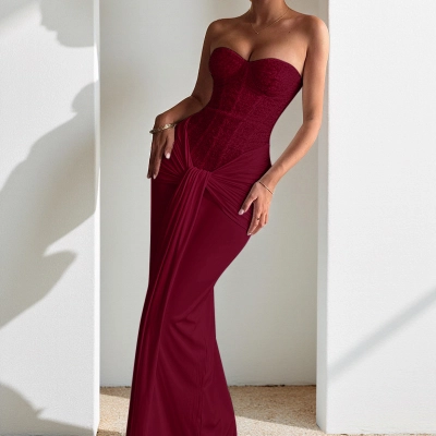 Women's Elegant Strapless Evening Gown - Tie-Front Ruched Waist Formal Long Dress with Slit 02