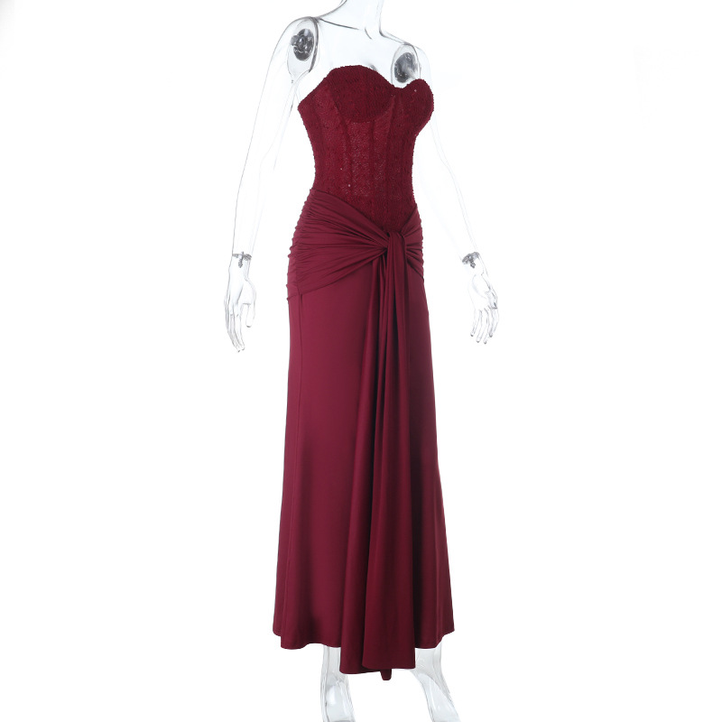Women's Elegant Strapless Evening Gown - Tie-Front Ruched Waist Formal Long Dress with Slit