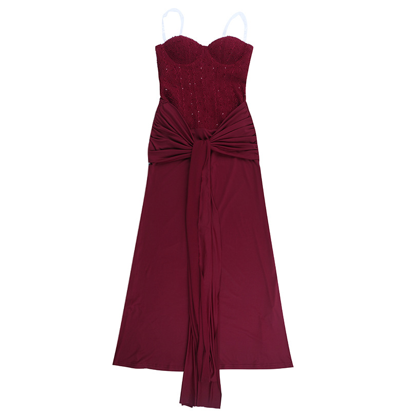 Women's Elegant Strapless Evening Gown - Tie-Front Ruched Waist Formal Long Dress with Slit