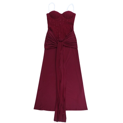Women's Elegant Strapless Evening Gown - Tie-Front Ruched Waist Formal Long Dress with Slit 01