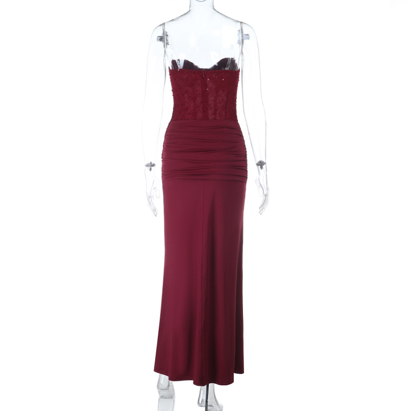 Women's Elegant Strapless Evening Gown - Tie-Front Ruched Waist Formal Long Dress with Slit