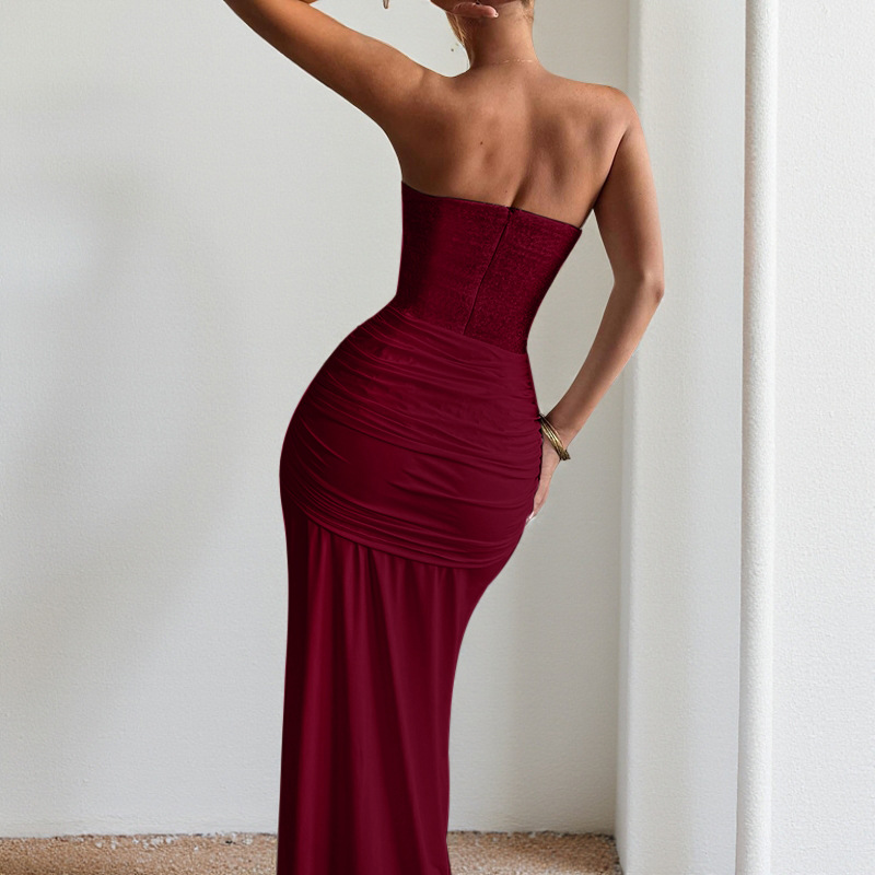Women's Elegant Strapless Evening Gown - Tie-Front Ruched Waist Formal Long Dress with Slit
