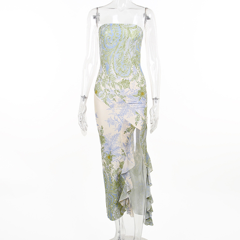 New Strapless Mesh Print Dress - Ruched Bodycon Mermaid Gown with High Slit
