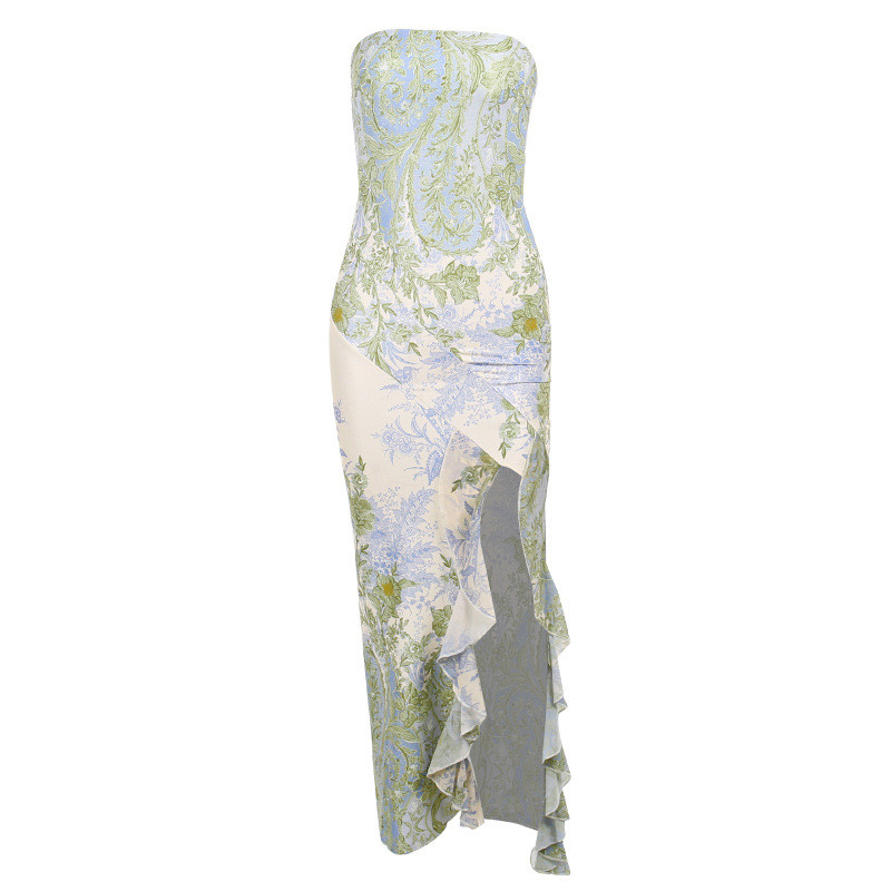 New Strapless Mesh Print Dress - Ruched Bodycon Mermaid Gown with High Slit
