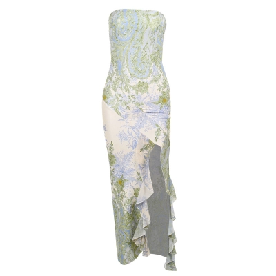 New Strapless Mesh Print Dress - Ruched Bodycon Mermaid Gown with High Slit 01