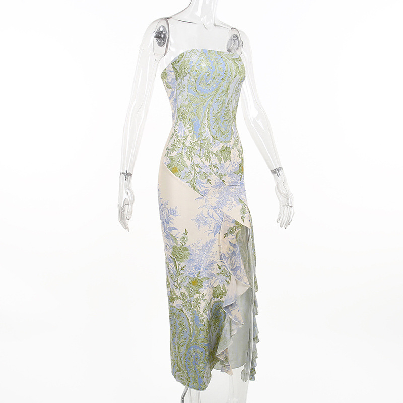New Strapless Mesh Print Dress - Ruched Bodycon Mermaid Gown with High Slit