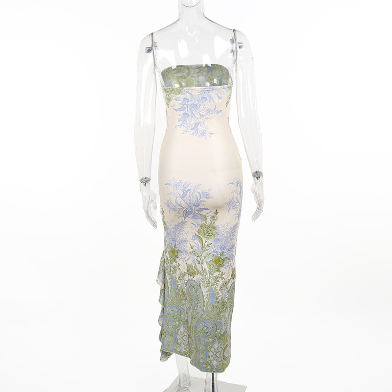 New Strapless Mesh Print Dress - Ruched Bodycon Mermaid Gown with High Slit