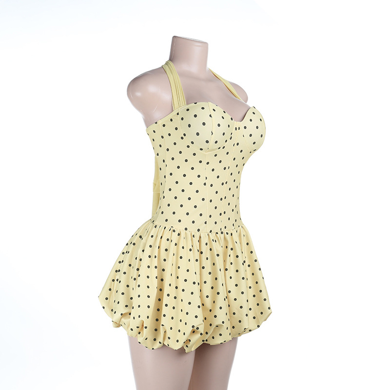2026 Summer Halter Neck Polka Dot Dress - Push-Up Bust Mini Dress with Bubble Hem