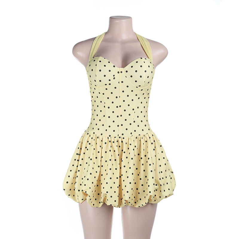 2026 Summer Halter Neck Polka Dot Dress - Push-Up Bust Mini Dress with Bubble Hem