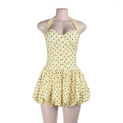 2026 Summer Halter Neck Polka Dot Dress - Push-Up Bust Mini Dress with Bubble Hem 02