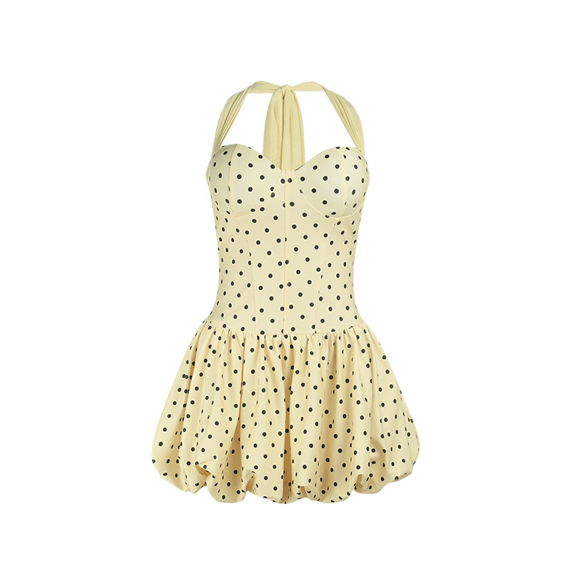 2026 Summer Halter Neck Polka Dot Dress - Push-Up Bust Mini Dress with Bubble Hem