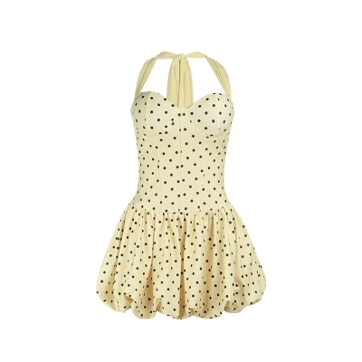 2026 Summer Halter Neck Polka Dot Dress - Push-Up Bust Mini Dress with Bubble Hem 01