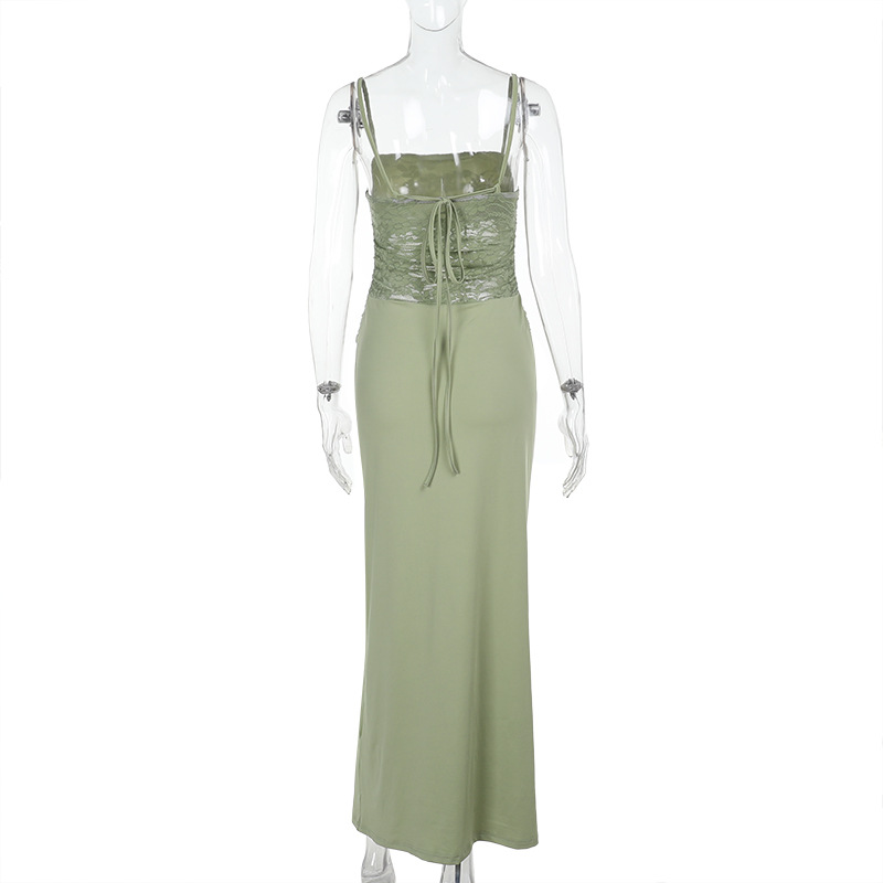 Sexy Lace Bodycon Maxi Dress - Slim Fit Spaghetti Strap Long Gown with Waist-Cinching Design