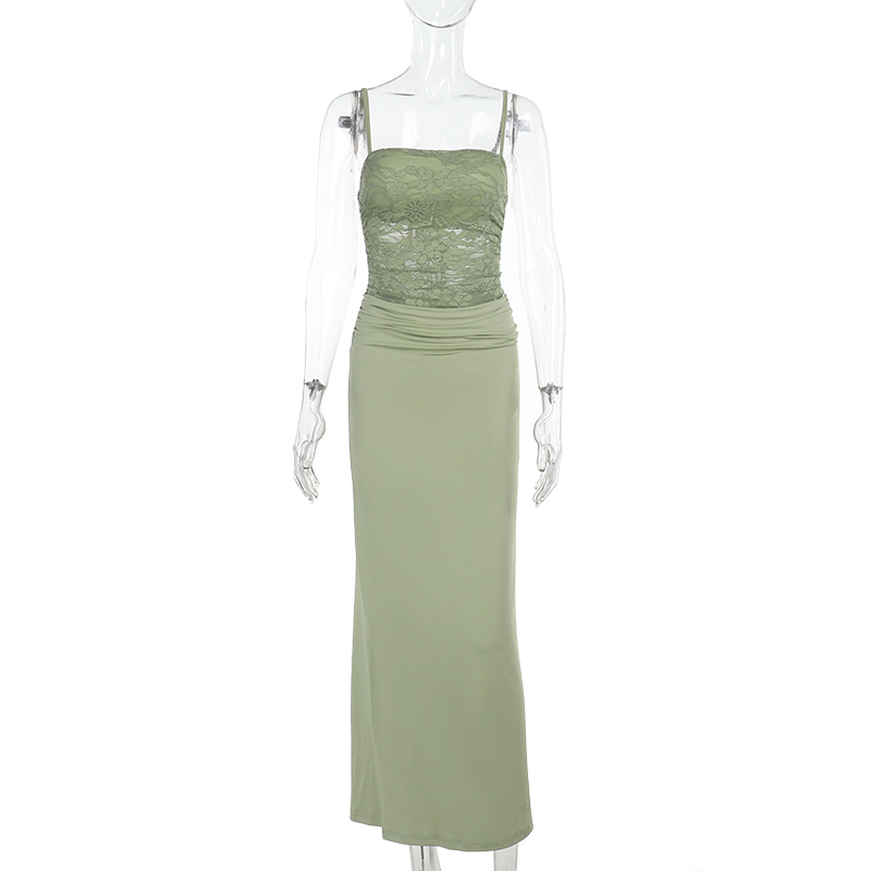 Sexy Lace Bodycon Maxi Dress - Slim Fit Spaghetti Strap Long Gown with Waist-Cinching Design