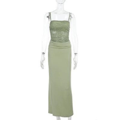 Sexy Lace Bodycon Maxi Dress - Slim Fit Spaghetti Strap Long Gown with Waist-Cinching Design 02