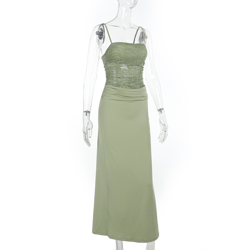 Sexy Lace Bodycon Maxi Dress - Slim Fit Spaghetti Strap Long Gown with Waist-Cinching Design