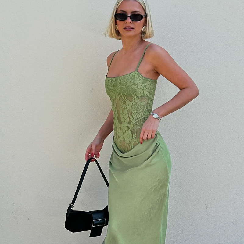 Sexy Lace Bodycon Maxi Dress - Slim Fit Spaghetti Strap Long Gown with Waist-Cinching Design