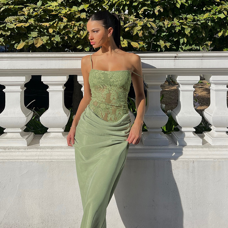 Sexy Lace Bodycon Maxi Dress - Slim Fit Spaghetti Strap Long Gown with Waist-Cinching Design