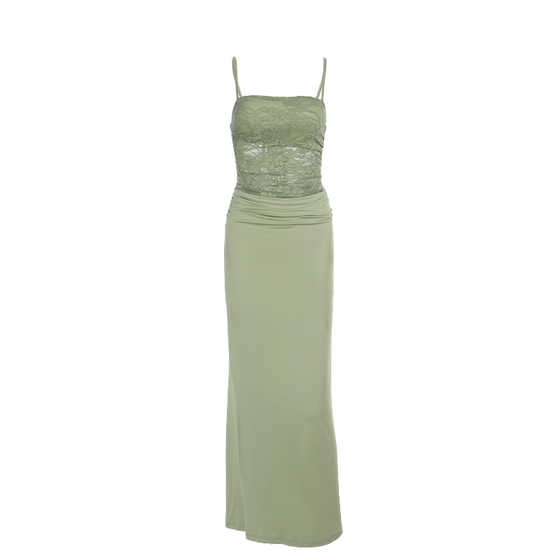Sexy Lace Bodycon Maxi Dress - Slim Fit Spaghetti Strap Long Gown with Waist-Cinching Design