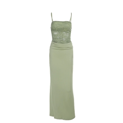 Sexy Lace Bodycon Maxi Dress - Slim Fit Spaghetti Strap Long Gown with Waist-Cinching Design 01