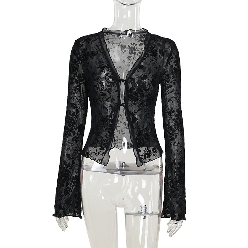 New Fashion Chiffon Blouse - Elegant Tweed Style Slim Fit Ruffle Flare Sleeve Top
