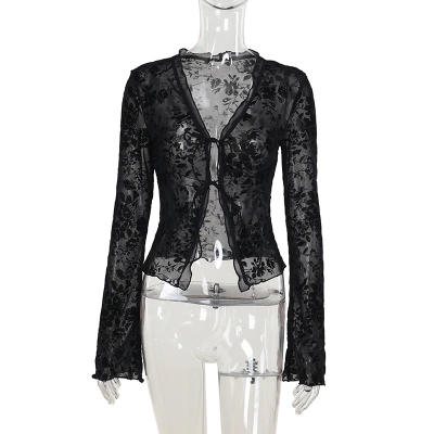 New Fashion Chiffon Blouse - Elegant Tweed Style Slim Fit Ruffle Flare Sleeve Top 02