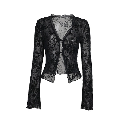 New Fashion Chiffon Blouse - Elegant Tweed Style Slim Fit Ruffle Flare Sleeve Top 01