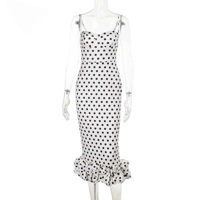 French Style Polka Dot Midi Dress - Ruched Bodycon Spaghetti Strap Summer Sundress 02