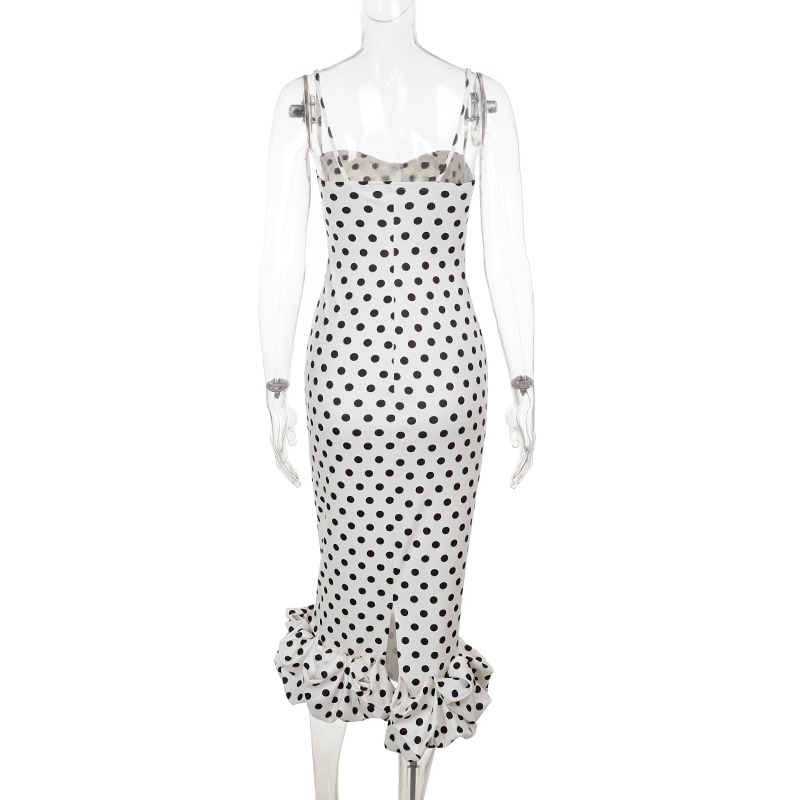 French Style Polka Dot Midi Dress - Ruched Bodycon Spaghetti Strap Summer Sundress