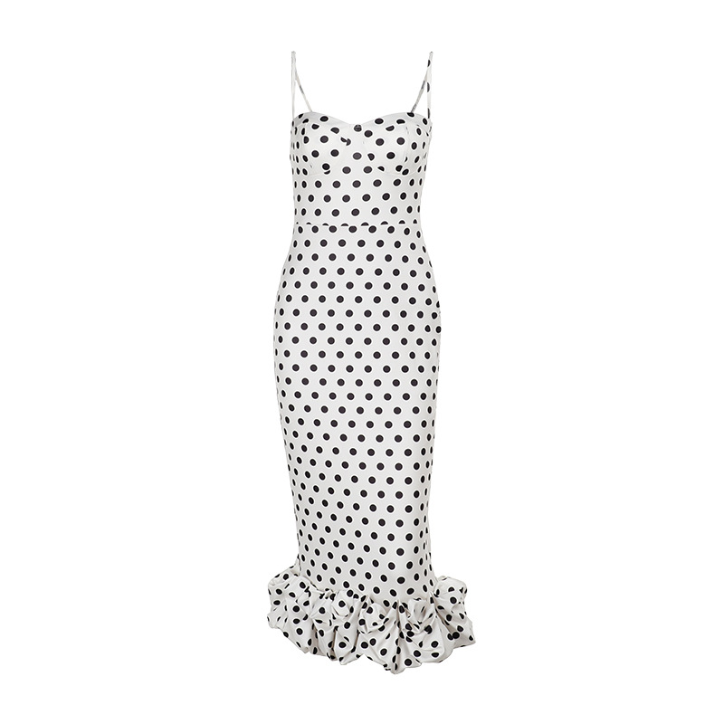 French Style Polka Dot Midi Dress - Ruched Bodycon Spaghetti Strap Summer Sundress