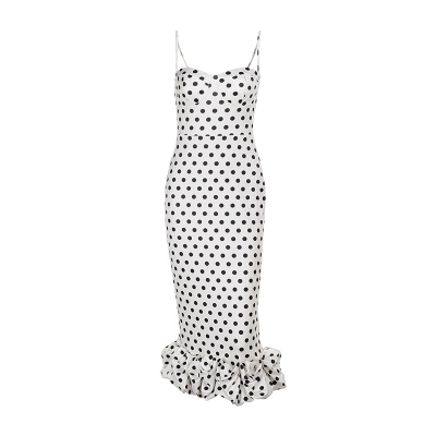 French Style Polka Dot Midi Dress - Ruched Bodycon Spaghetti Strap Summer Sundress 01