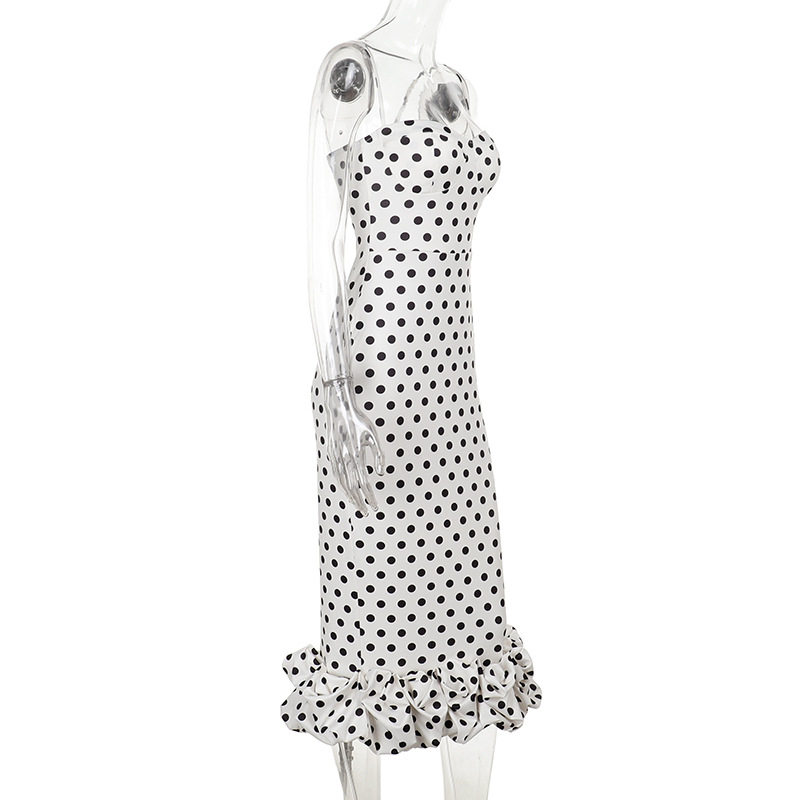 French Style Polka Dot Midi Dress - Ruched Bodycon Spaghetti Strap Summer Sundress
