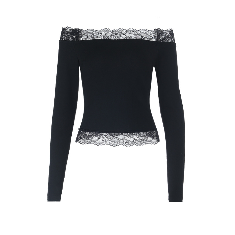 New Long Sleeve Off-The-Shoulder Top - Slim Fit Waist-Cinching Lace Crop Shirt