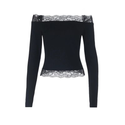 New Long Sleeve Off-The-Shoulder Top - Slim Fit Waist-Cinching Lace Crop Shirt 01