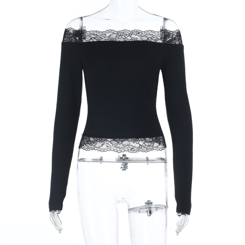 New Long Sleeve Off-The-Shoulder Top - Slim Fit Waist-Cinching Lace Crop Shirt