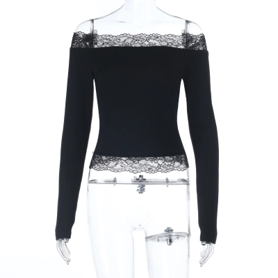 New Long Sleeve Off-The-Shoulder Top - Slim Fit Waist-Cinching Lace Crop Shirt 02