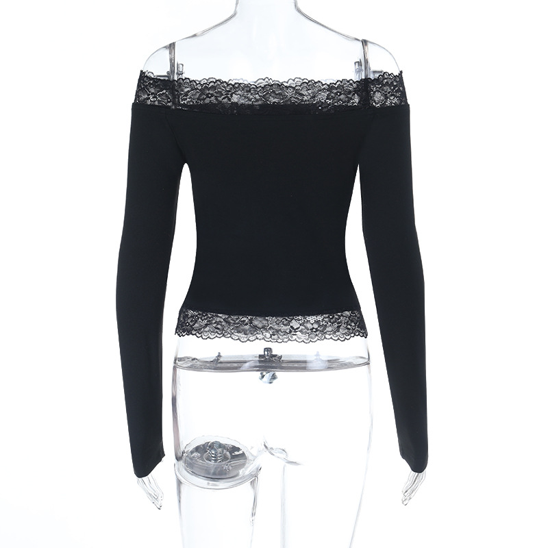 New Long Sleeve Off-The-Shoulder Top - Slim Fit Waist-Cinching Lace Crop Shirt
