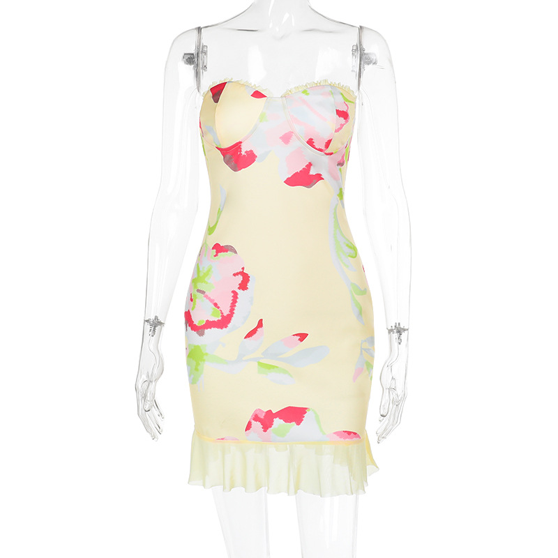 Spring 2026 New Floral Print Tube Top Dress - Mori Style Casual Strapless Bodycon Mini Dress