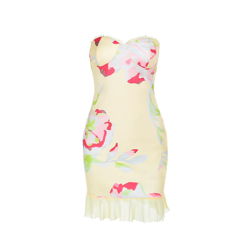 Spring 2026 New Floral Print Tube Top Dress - Mori Style Casual Strapless Bodycon Mini Dress