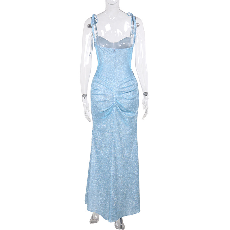 Sexy Glitter Spaghetti Strap Fishbone Corset Dress - Slim Fit Bodycon Maxi Gown for Party &amp; Club