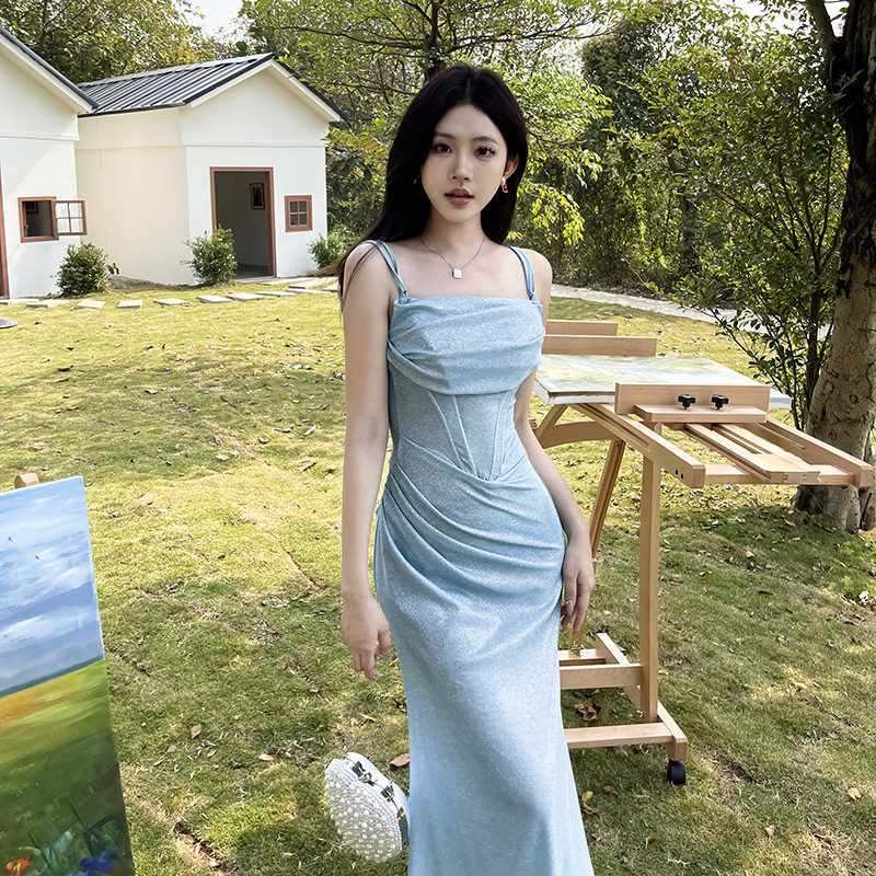 Sexy Glitter Spaghetti Strap Fishbone Corset Dress - Slim Fit Bodycon Maxi Gown for Party &amp; Club