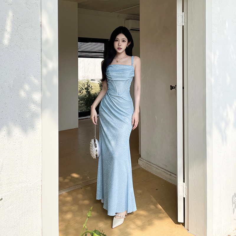 Sexy Glitter Spaghetti Strap Fishbone Corset Dress - Slim Fit Bodycon Maxi Gown for Party &amp; Club