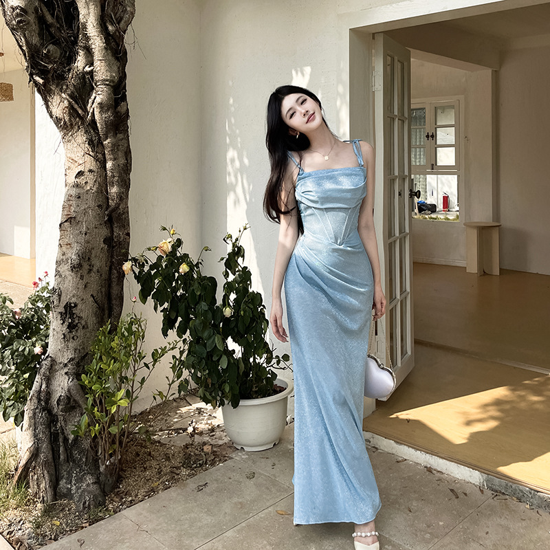 Sexy Glitter Spaghetti Strap Fishbone Corset Dress - Slim Fit Bodycon Maxi Gown for Party &amp; Club