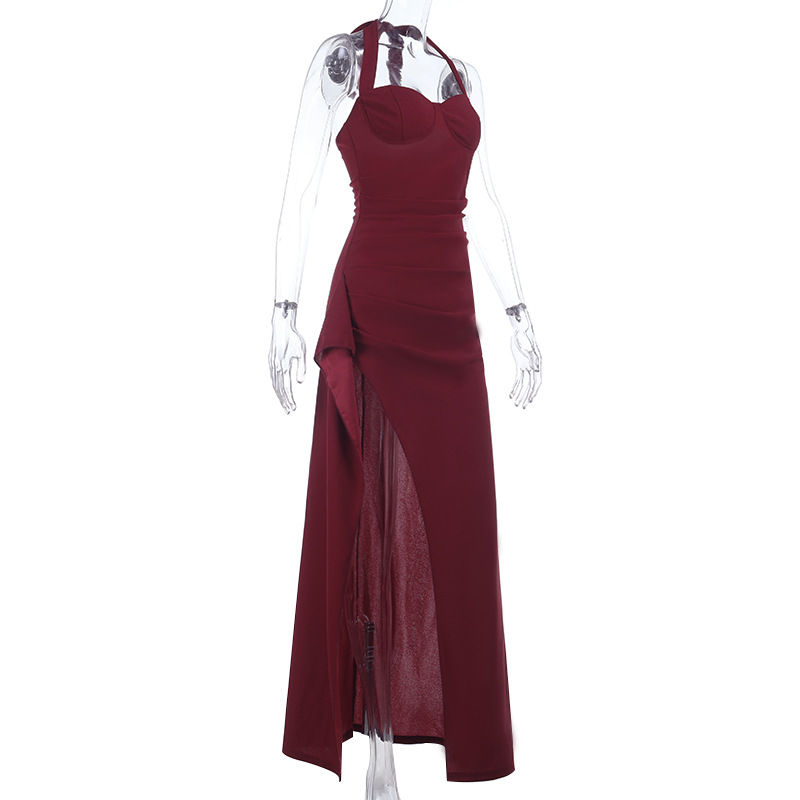 Sexy Halter Neck Tie-Front Maxi Dress - Ruffle Hem Slit Spaghetti Strap Long Gown for Party &amp; Club