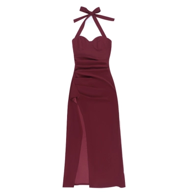 Sexy Halter Neck Tie-Front Maxi Dress - Ruffle Hem Slit Spaghetti Strap Long Gown for Party & Club 01