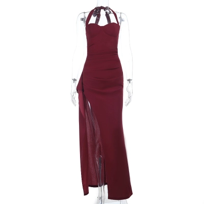 Sexy Halter Neck Tie-Front Maxi Dress - Ruffle Hem Slit Spaghetti Strap Long Gown for Party & Club 02