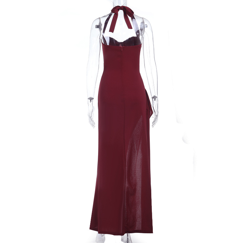 Sexy Halter Neck Tie-Front Maxi Dress - Ruffle Hem Slit Spaghetti Strap Long Gown for Party &amp; Club