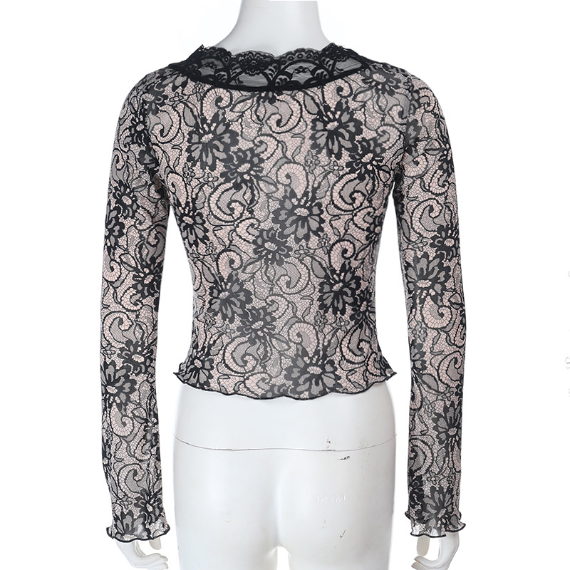 Sexy Lace Deep V-Neck Long Sleeve Top - 2026 Fall New Slim Fit Mesh Bodysuit for Party &amp; Club